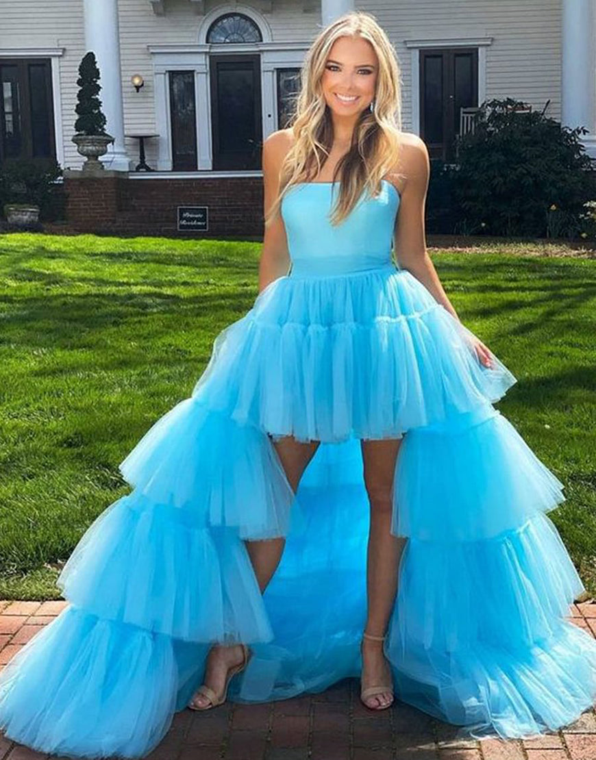 Luolandi Tiered Long High Low Prom Dress Off Shoulder Pure Color Sexy Evening Dress