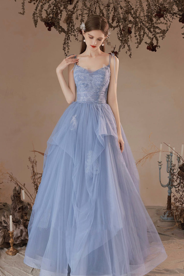 Luolandi Blue V-Neck Tulle Lace Long Prom Dress Lovely Spaghetti Straps Evening Dress Beautiful
