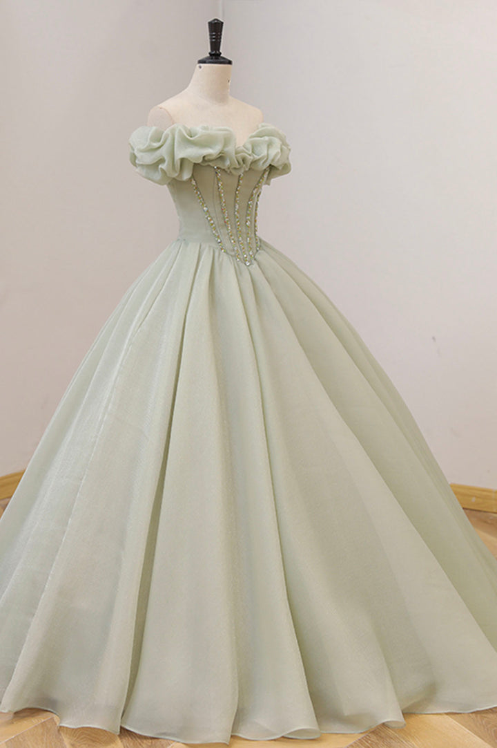 Luolandi Green Ball Gown A-Line Off the Shoulder Evening Gown with Beaded Floor Length