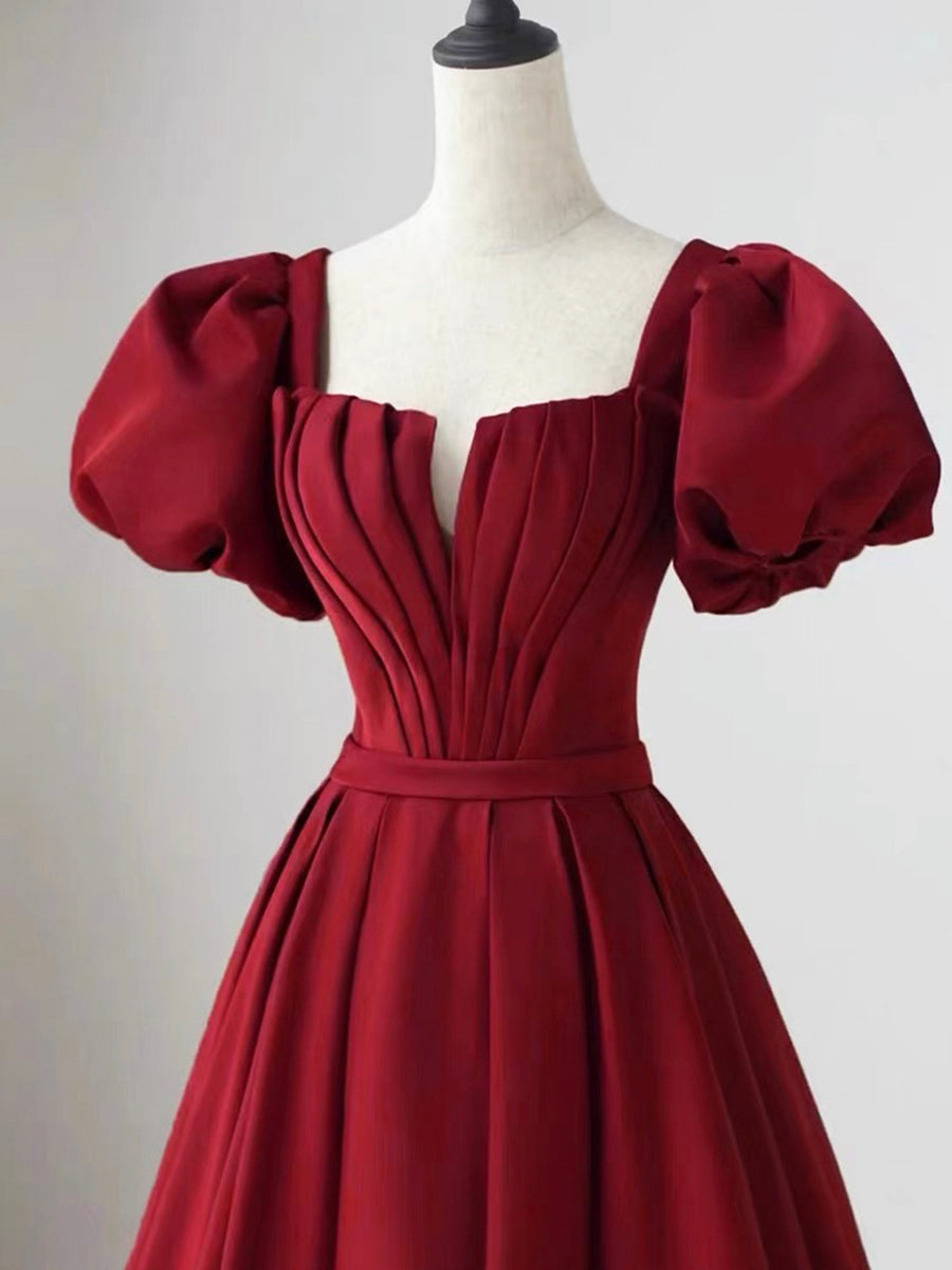 Luolandi Lovely Satin Floor Length Short Sleeves Party Dress A-Line Evening Party Dress Burgundy