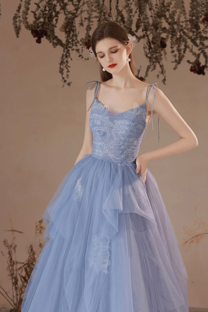 Luolandi Blue V-Neck Tulle Lace Long Prom Dress Lovely Spaghetti Straps Evening Dress Beautiful