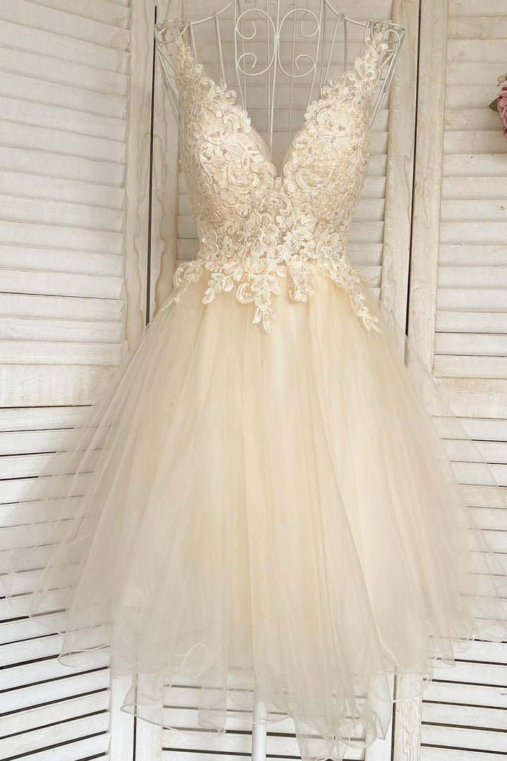 Luolandi Champagne V-Neck Lace Short Prom Dresses A-Line Mini Party Dresses Sexy