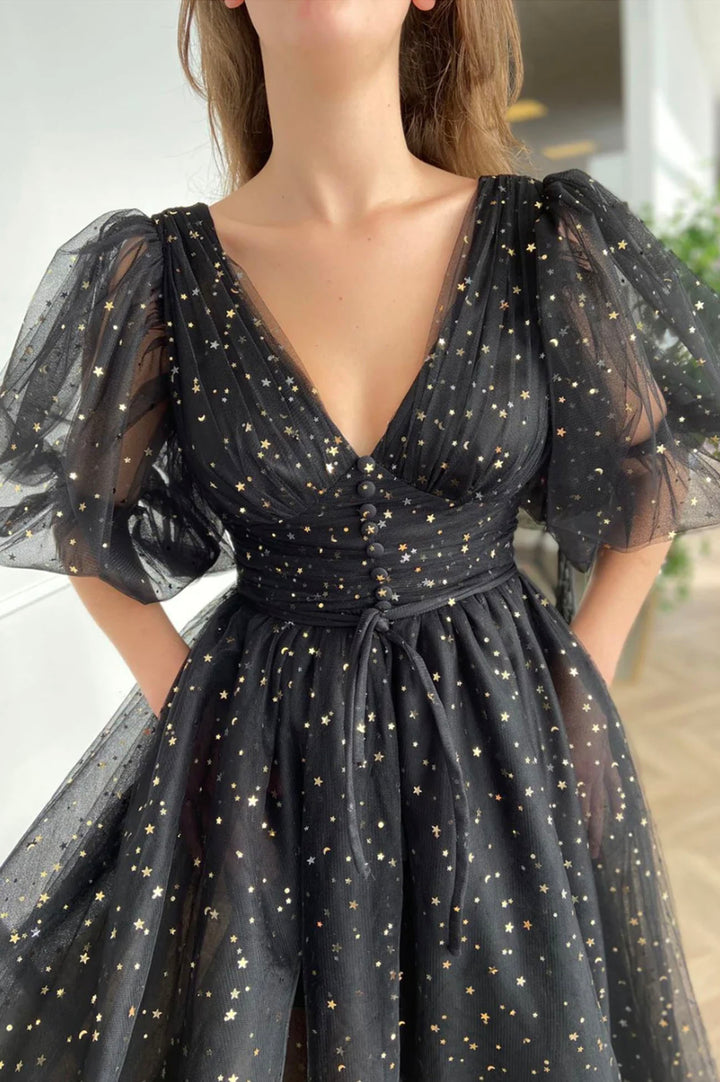 Luolandi Black Tulle Short A-Line Prom Dress Lovely Puff Sleeve Evening Dress Homecoming Dresses
