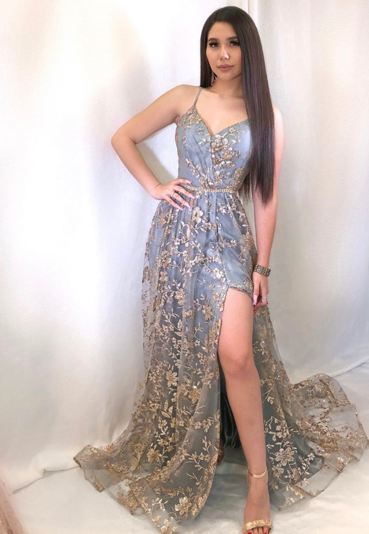 Luolandi A-Line Backless Long Prom Dresses Grey V-Neck Evening Dresses Sexy