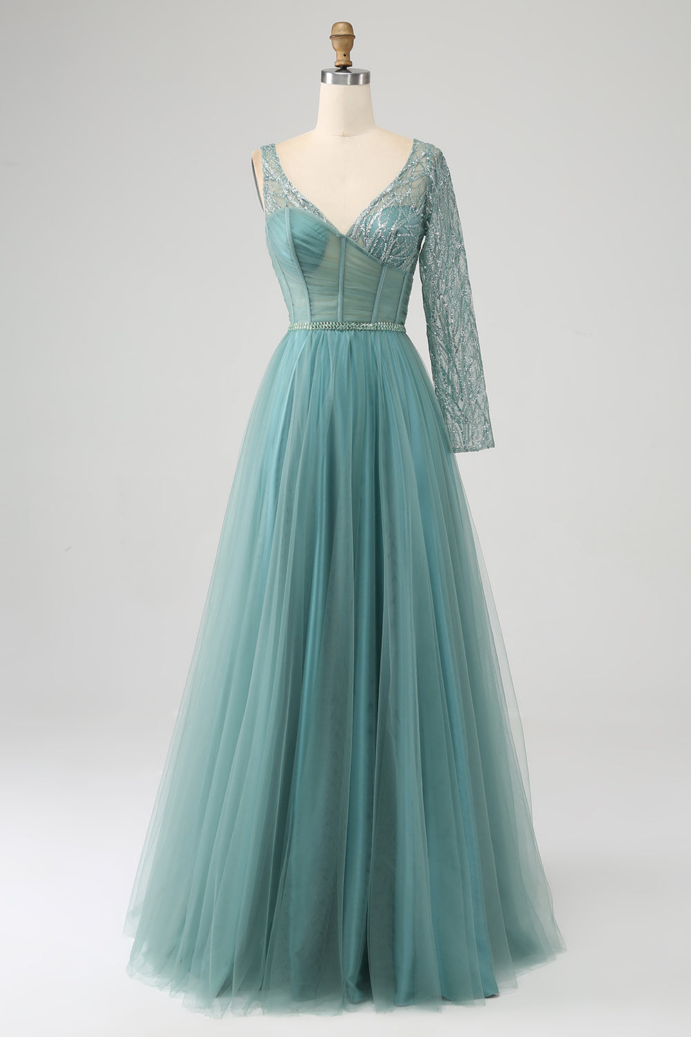 Luolandi Green A-Line Sparkly Sequin Long Corset Prom Dress Sexy Evening Dresses