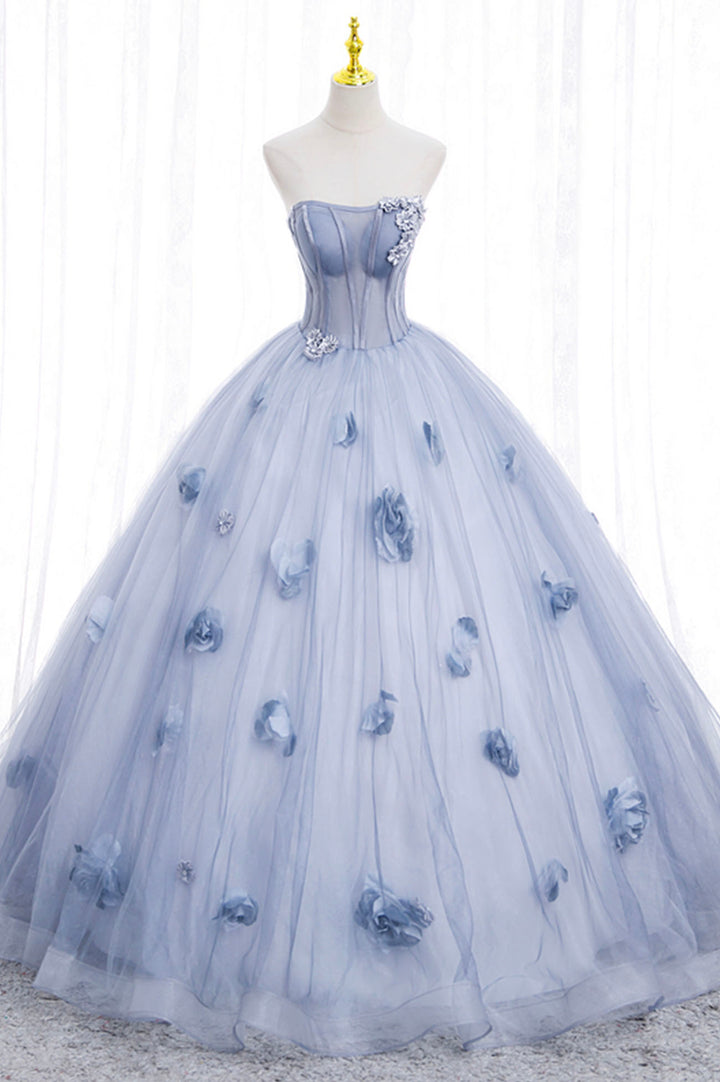 Luolandi Blue Tulle Long Sleeve Prom Dress A-Line Off the Shoulder Evening Gown With Flowers
