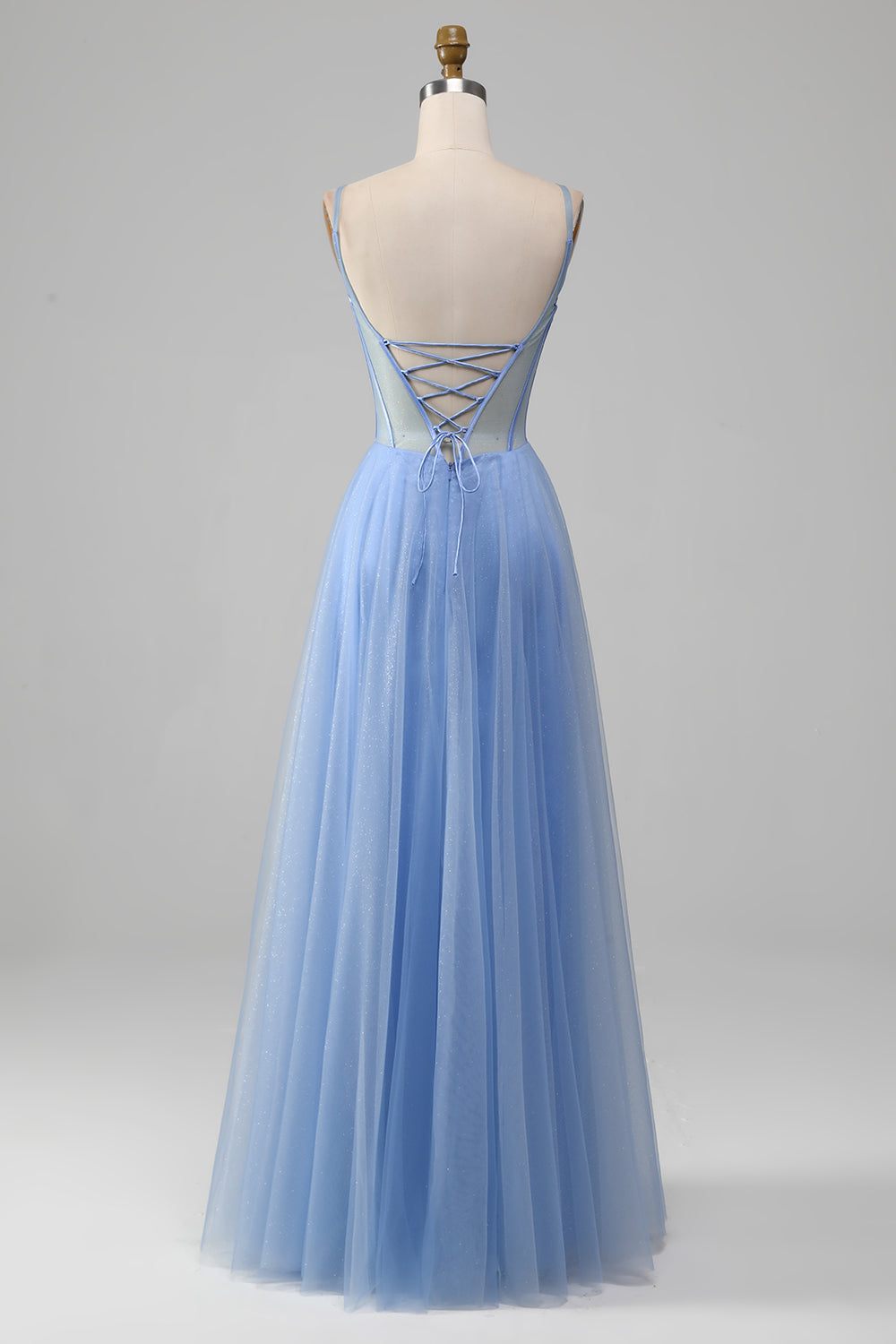 Luolandi Light Blue A-Line V Neck Tulle Long Prom Dress With Appliques Beautiful