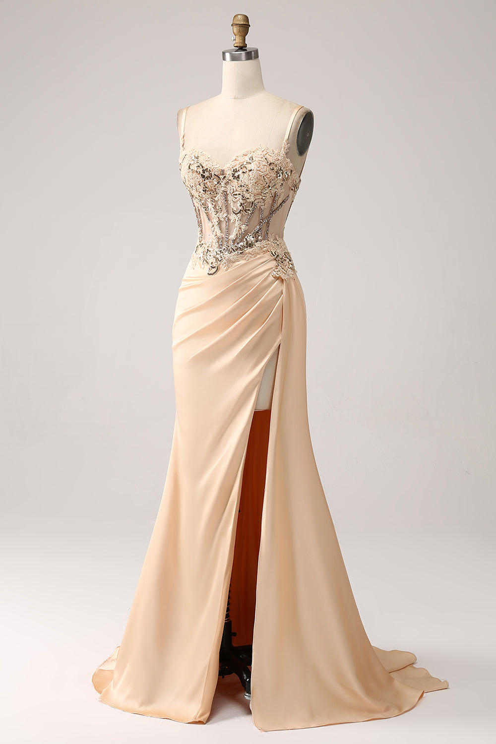 Luolandi Elegant Champagne Mermaid Pleated Satin Prom Dress With Appliques Sexy With Slit