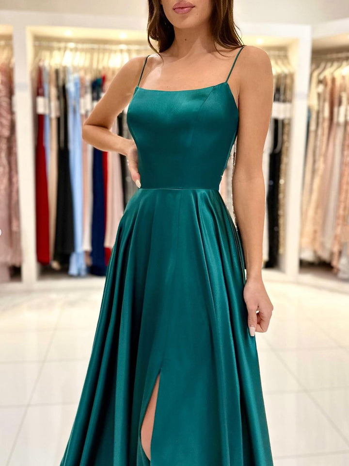Luolandi Simple Satin Long Prom Dress A-Line Green Backless Evening Dress Sexy