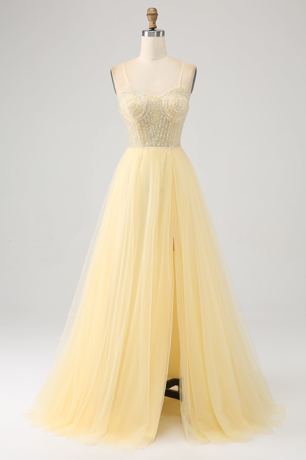 Luolandi Light Yellow A-Line Spaghetti Straps Beaded Tulle Prom Dress with Slit Floor Length Sexy