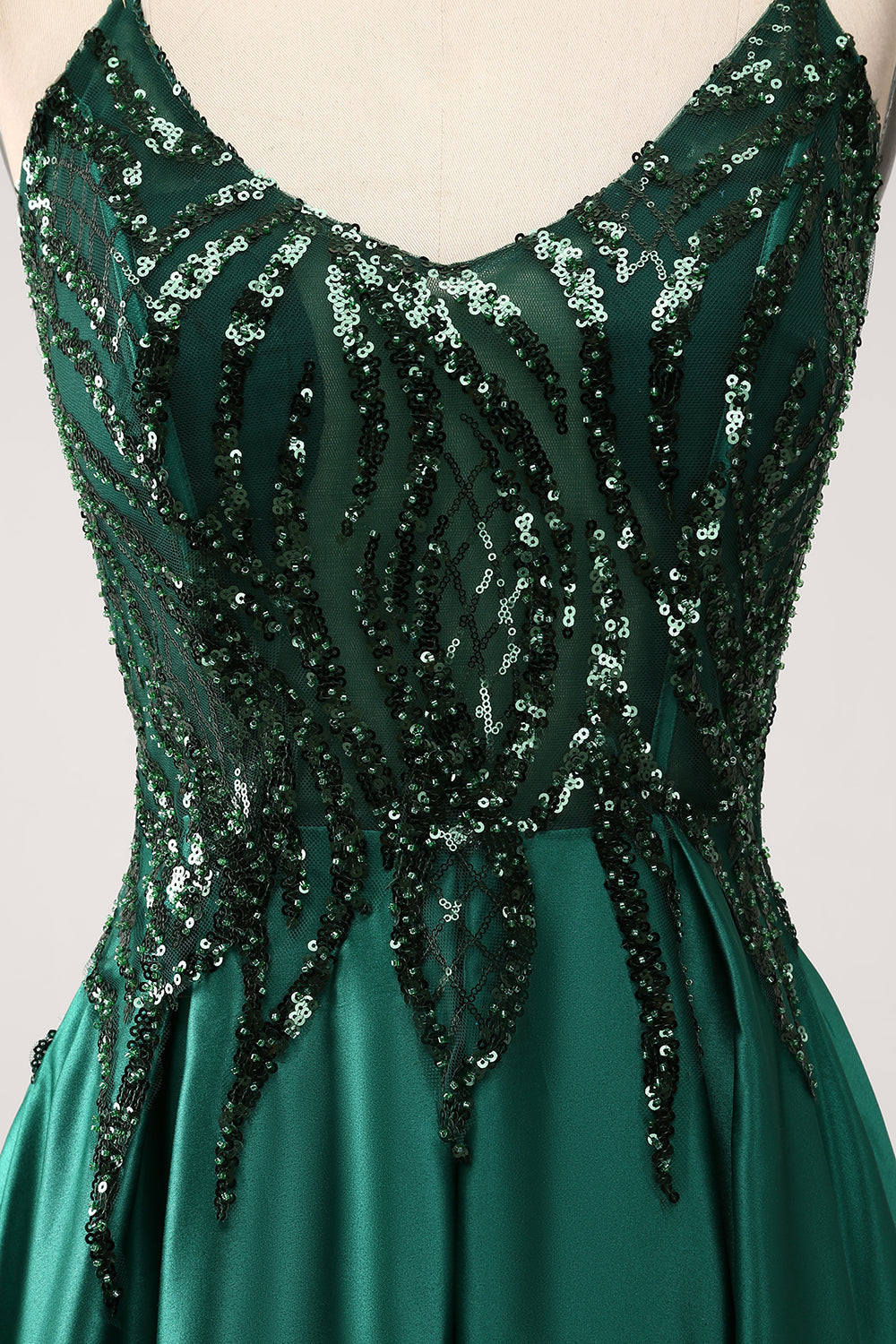 Luolandi Sparkly Dark Green A-Line Spaghetti Straps Long Prom Dress With Sequins Floor Length