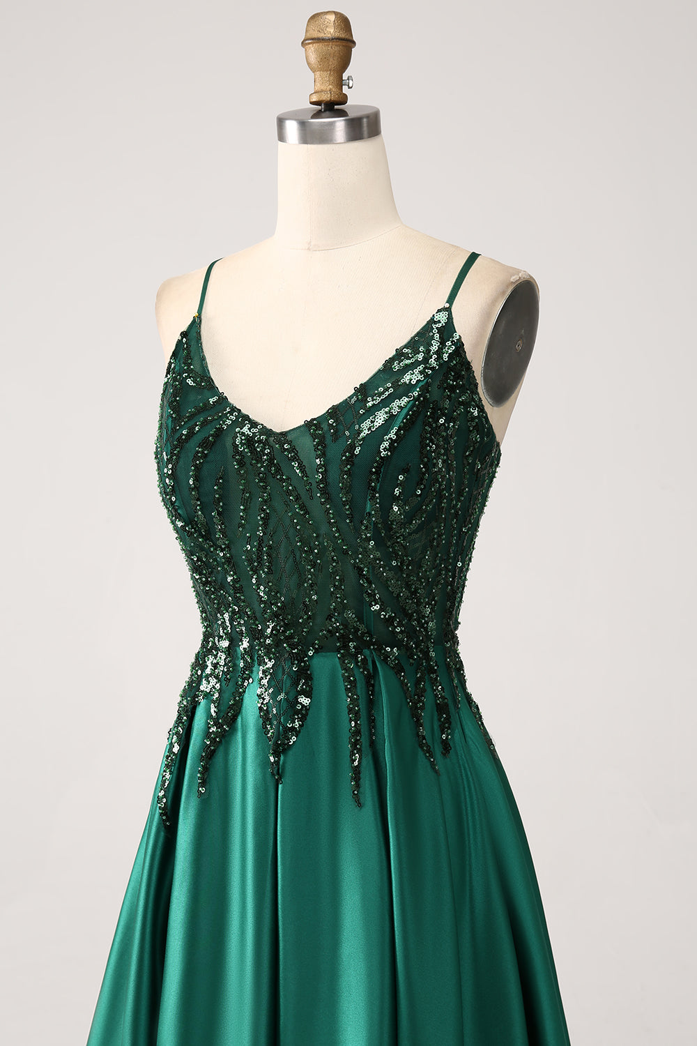 Luolandi Sparkly Dark Green A-Line Spaghetti Straps Long Prom Dress With Sequins Floor Length