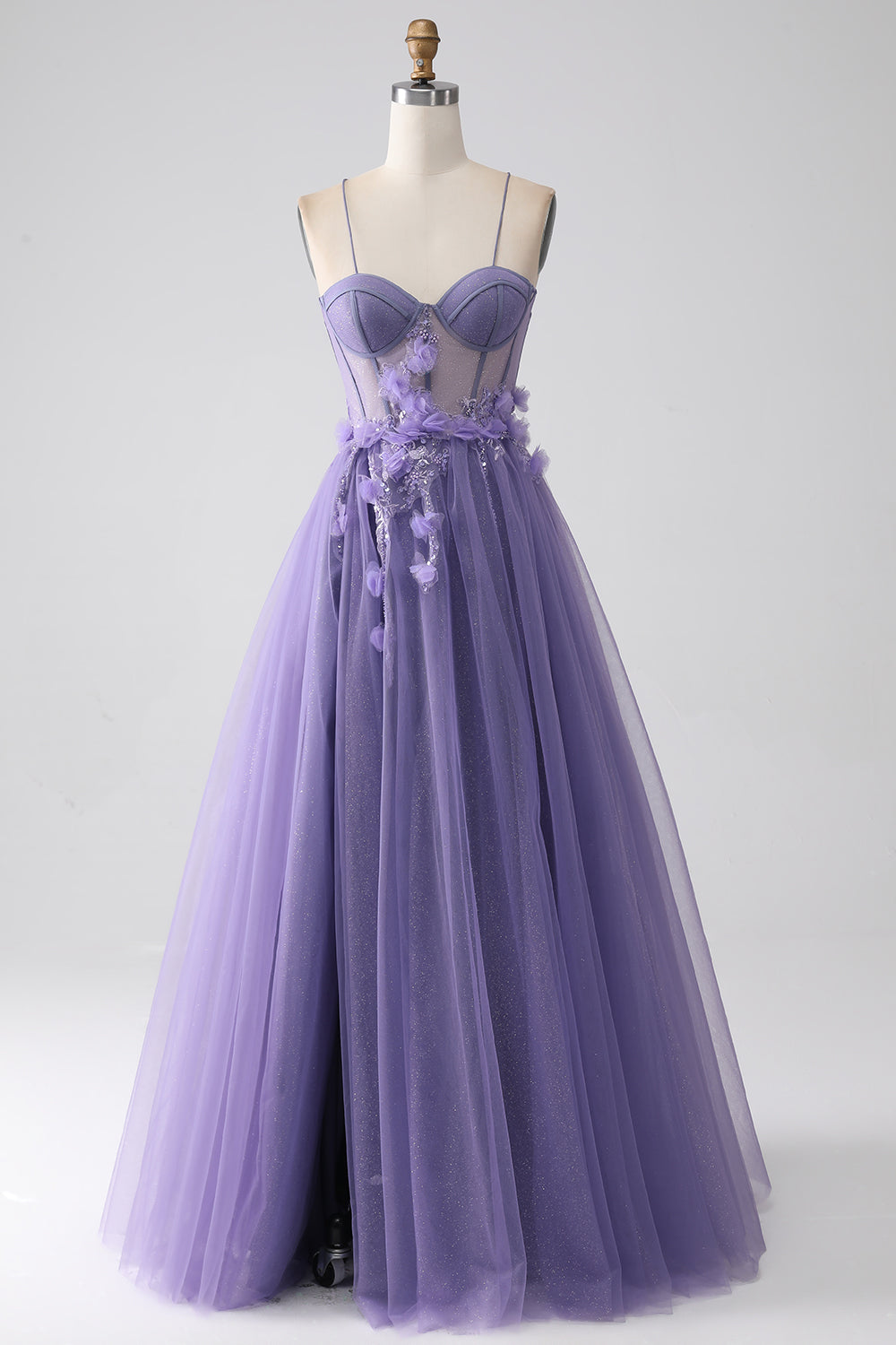 Luolandi A-Line Spaghetti Straps Corset Purple Prom Dress with 3D Flowers Floor Length Sexy