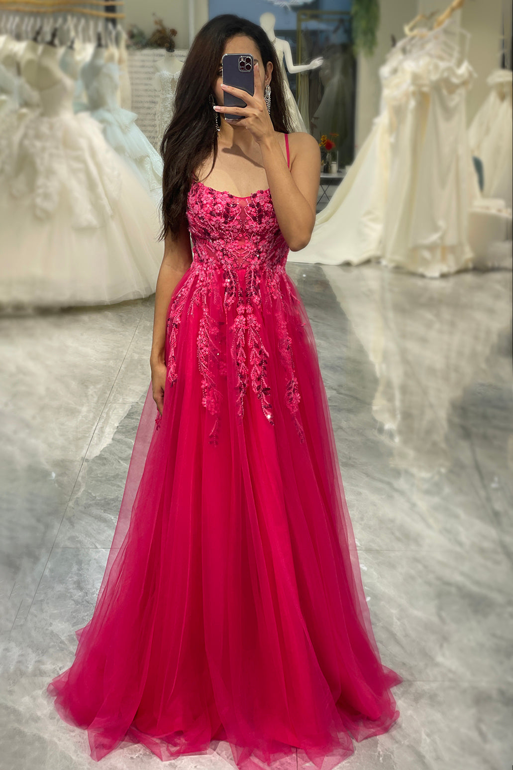 Luolandi A Line Fuchsia Spaghetti Straps Tulle Long Prom Dress With Appliques Beautiful