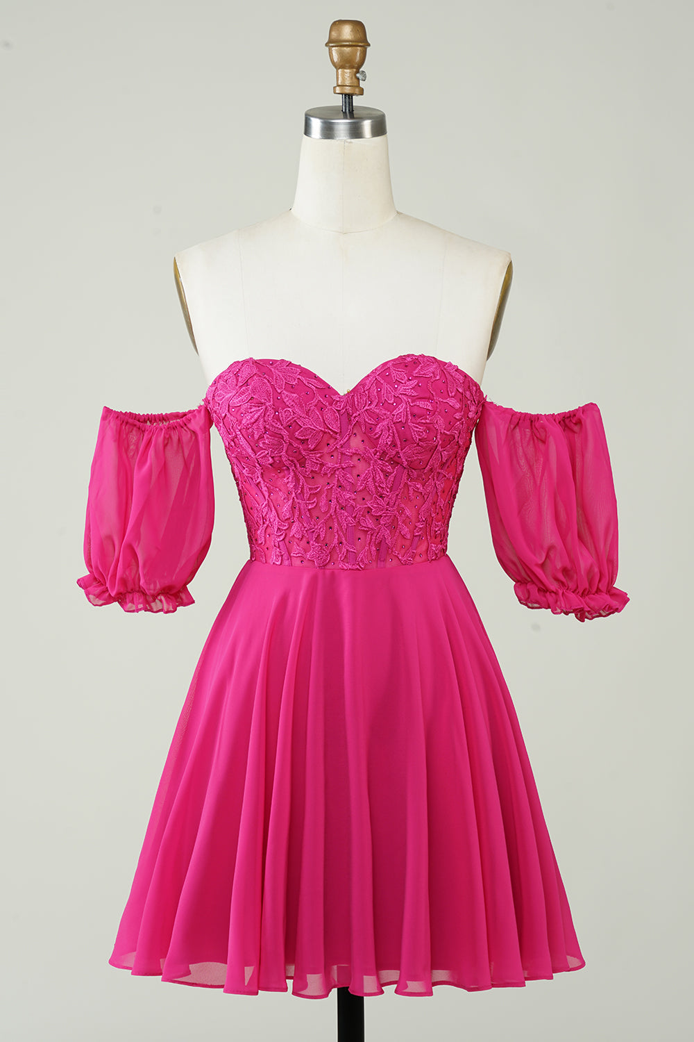 Luolandi Fuchsia A-Line CorsetChiffon Short Homecoming Dress with Lace Off Shoulder