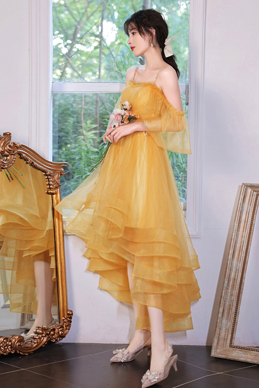 Luolandi Yellow Tulle High Low Prom Dresses A-Line Evening Dresses Short Graduation Dress