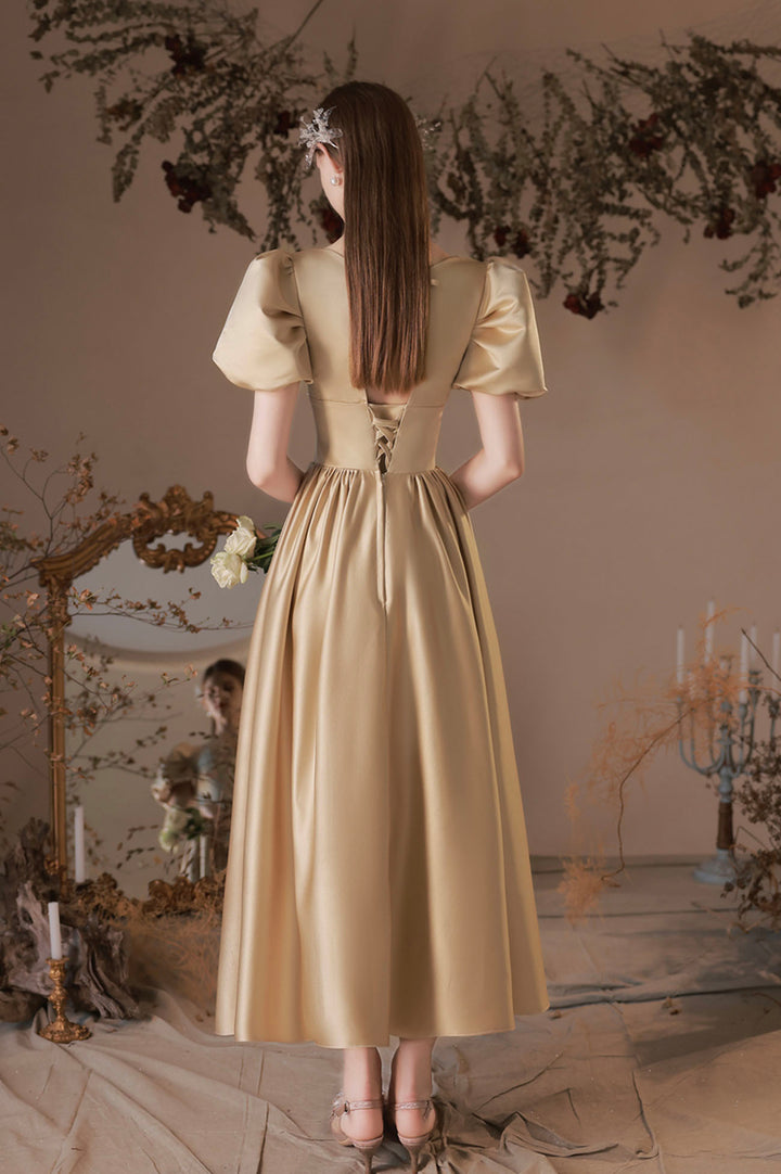 Luolandi Cute Satin Tea Length Prom Dress A-Line Short Sleeve Graduation Party Dress Sexy