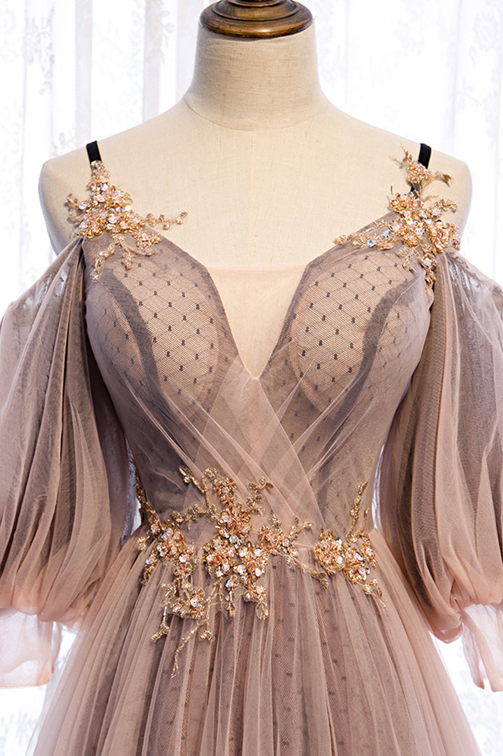 Luolandi A-Line Tulle Long Prom Dresses Lace Evening Dresses Floor Length Sexy