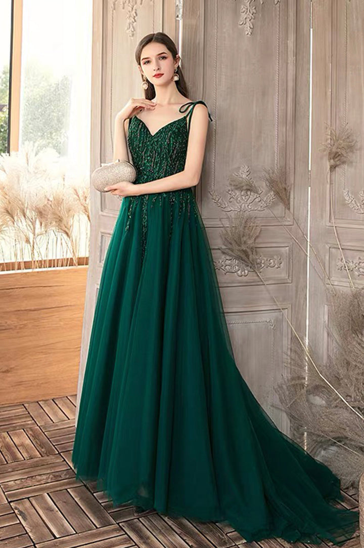 Luolandi Green V-Neck Lace Long Prom Dresses A-Line Evening Dresses Floor Length
