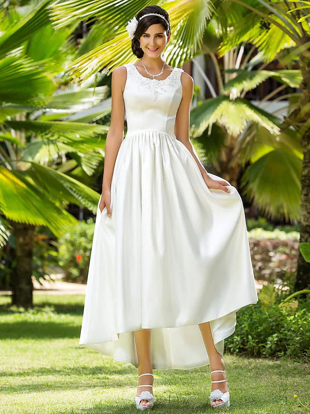 Luolandi A-Line Wedding Dresses Scoop Neck Asymmetrical Satin Sleeveless with Beading Appliques Pocket