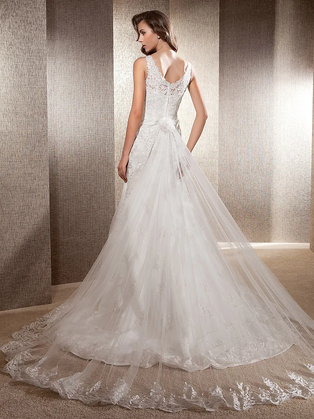 Luolandi Elegant Wedding Dresses Scoop Neck Lace Tulle Sleeveless Long Bridal Gown