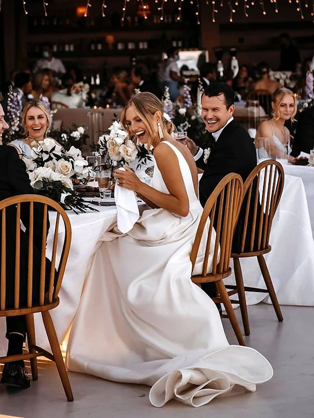 Luolandi A-Line Wedding Dresses V Neck Court Train Satin Sleeveless Simple Sexy with Sashes Ribbons