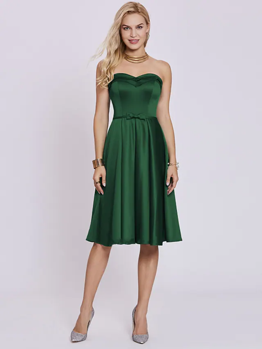 A-Line Minimalist Elegant Engagement Cocktail Party Dress Strapless Sleeveless Knee Length Satin with Bow(s)