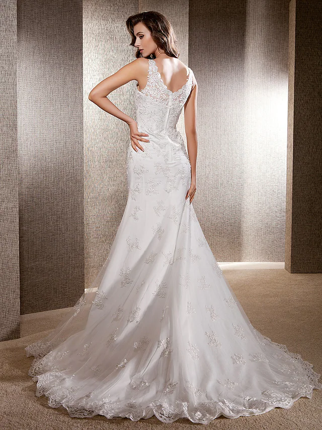 Luolandi Elegant Wedding Dresses Scoop Neck Lace Tulle Sleeveless Long Bridal Gown