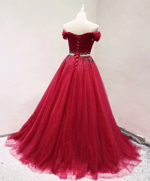 Luolandi Beautiful Dark Red Tulle Off Shoulder Long Prom Dress Beaded Party Dress Elegant Evening Dress