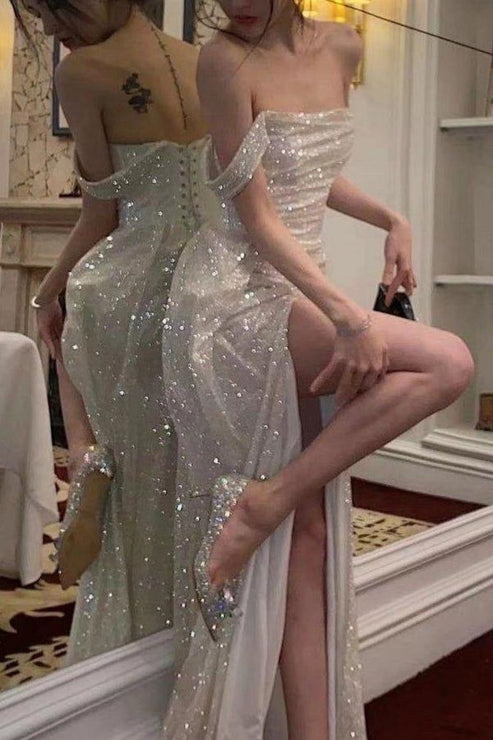 Luolandi Elegant Mermaid Off the Shoulder Silver Sequins Long Prom Dress with Split Front Sparkly Evening Dress