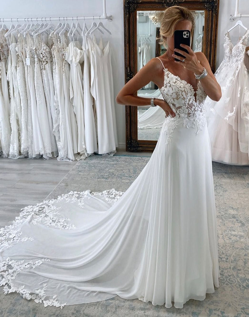 Luolandi Chiffon Boho A-Line Wedding Dress with Lace V-neck Open Back Sexy