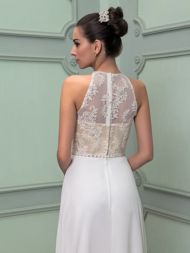 Luolandi Wedding Dresses Jewel Neck Floor Length Chiffon Lace Regular Straps See-Through with Sash Ribbon