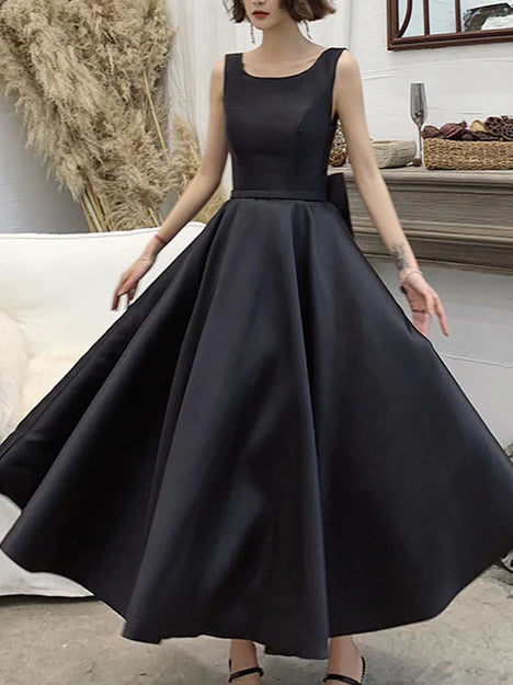 Luolandi Black Satin Backless Tea Length Vintage Style Party Dress Short Prom Dress Formal Dress Evening Dress With Bow
