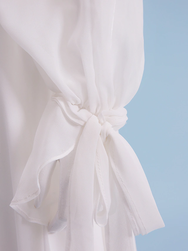 Luolandi Wedding Dresses V Neck Court Train Chiffon Long Sleeve with Beading Pure Color