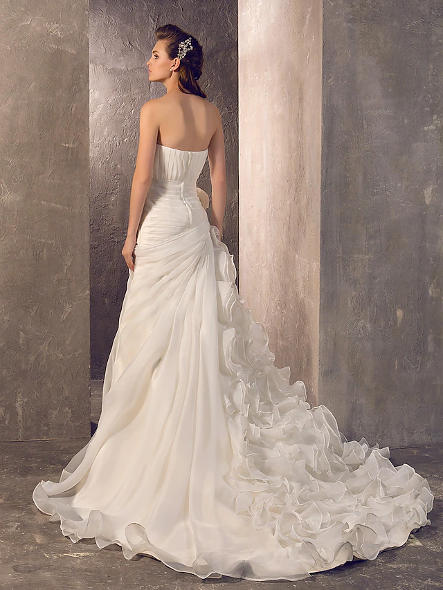 Luolandi Wedding Dresses Strapless Court Train Organza Sleeveless with Flower Cascading Ruffle