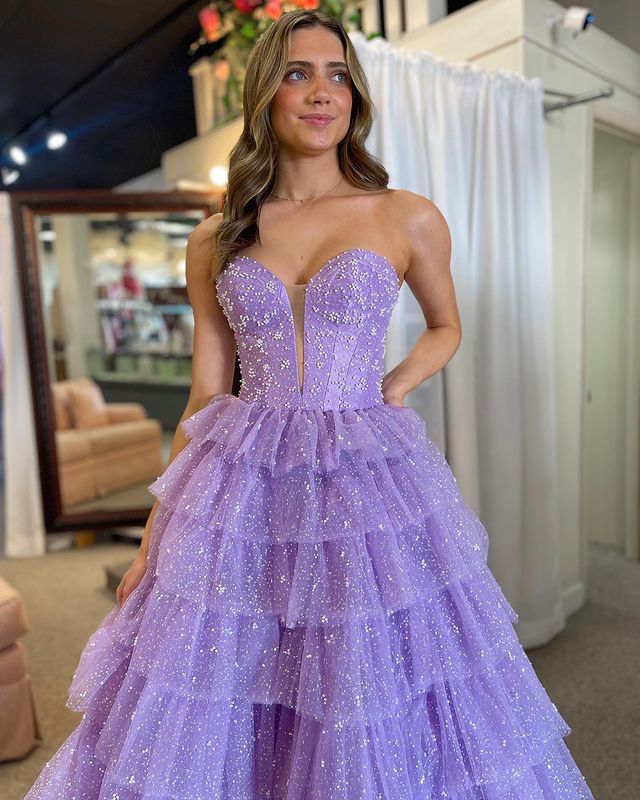 Luolandi Ball Gown Sweetheart Tulle Tiered Ruffle Prom Dress Off Shoulder Sexy Sparkly