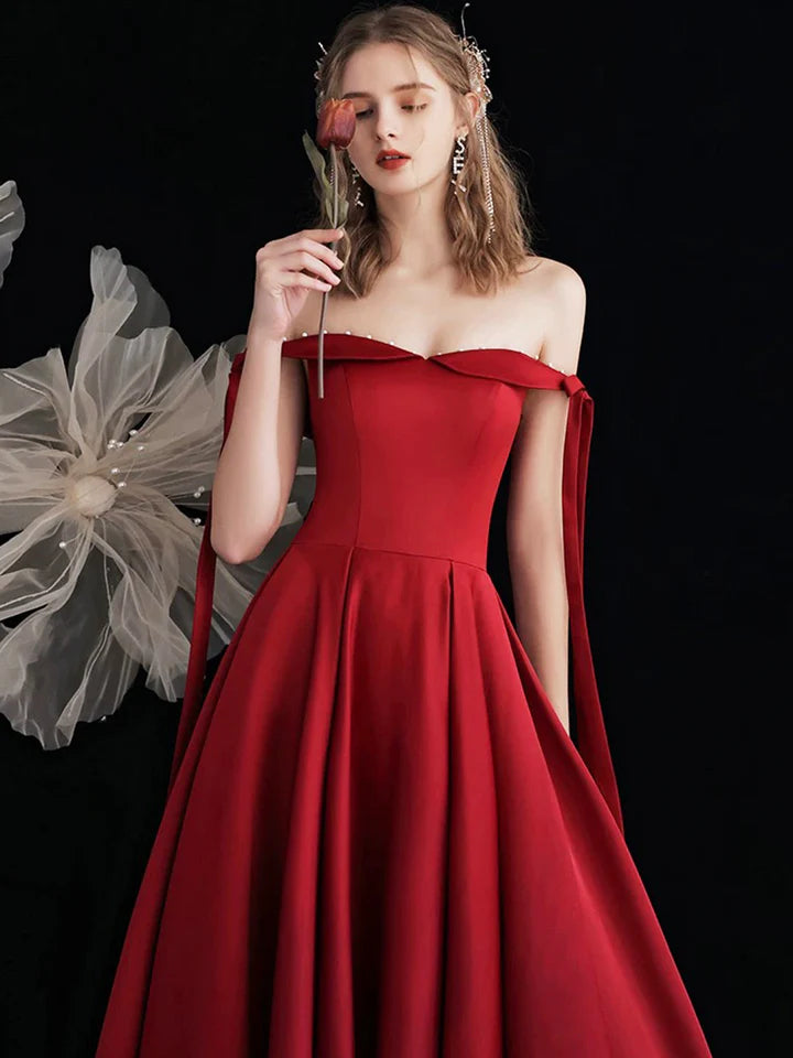 Luolandi Burgundy Satin Long Prom Dress Beautiful A-Line Off the Shoulder Evening Party Dress Sexy