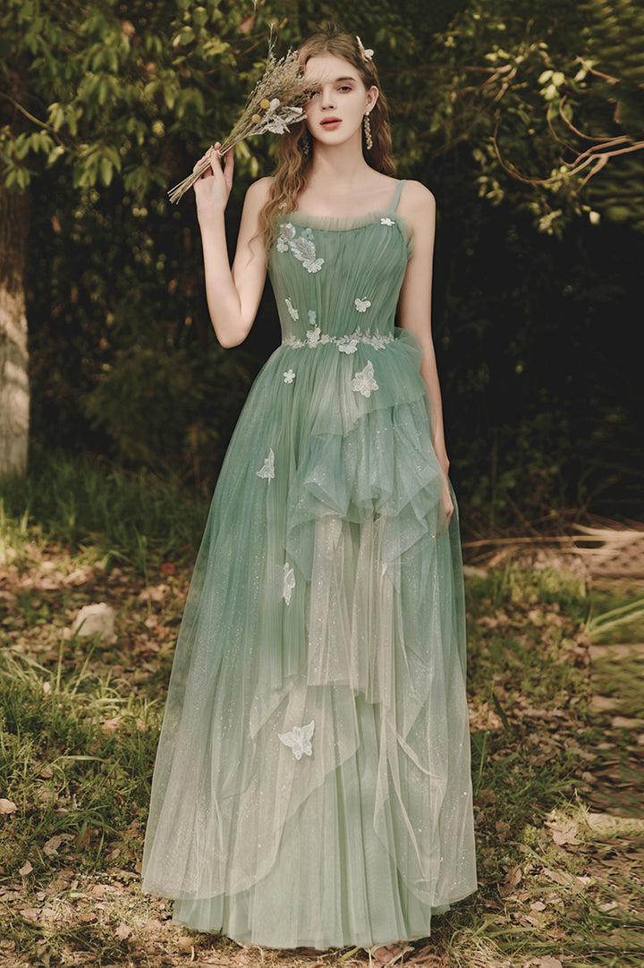 Luolandi Green Spaghetti Strap Tulle Lace Long Prom Dress Lovely A-Line Evening Dress With Butterfly