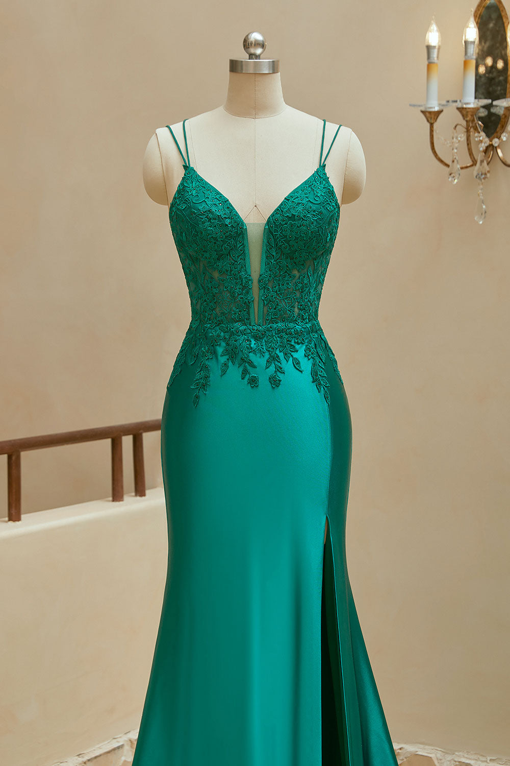 Luolandi Mermaid Spaghetti Straps Satin Slit Prom Dresses With Beaded Sexy Evening Dresses