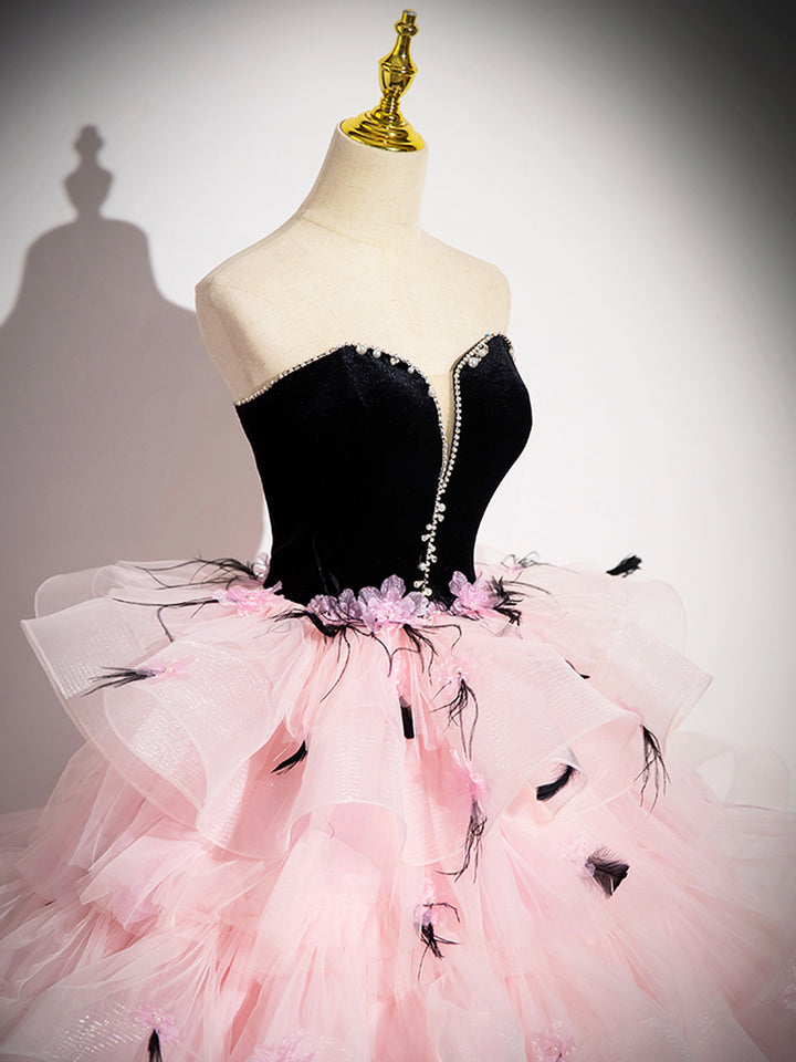 Luolandi Tulle and Black Velvet Strapless Party Gown Pink Backless Ruffles Formal Evening Dress