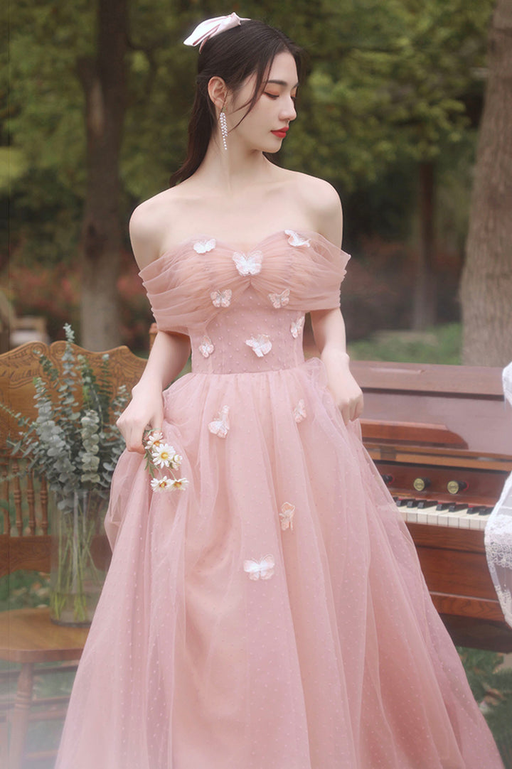 Luolandi Pink Tulle Long Prom Dresses A-Line Tulle Party Dresses With Butterfly Bridesmaid Dresses