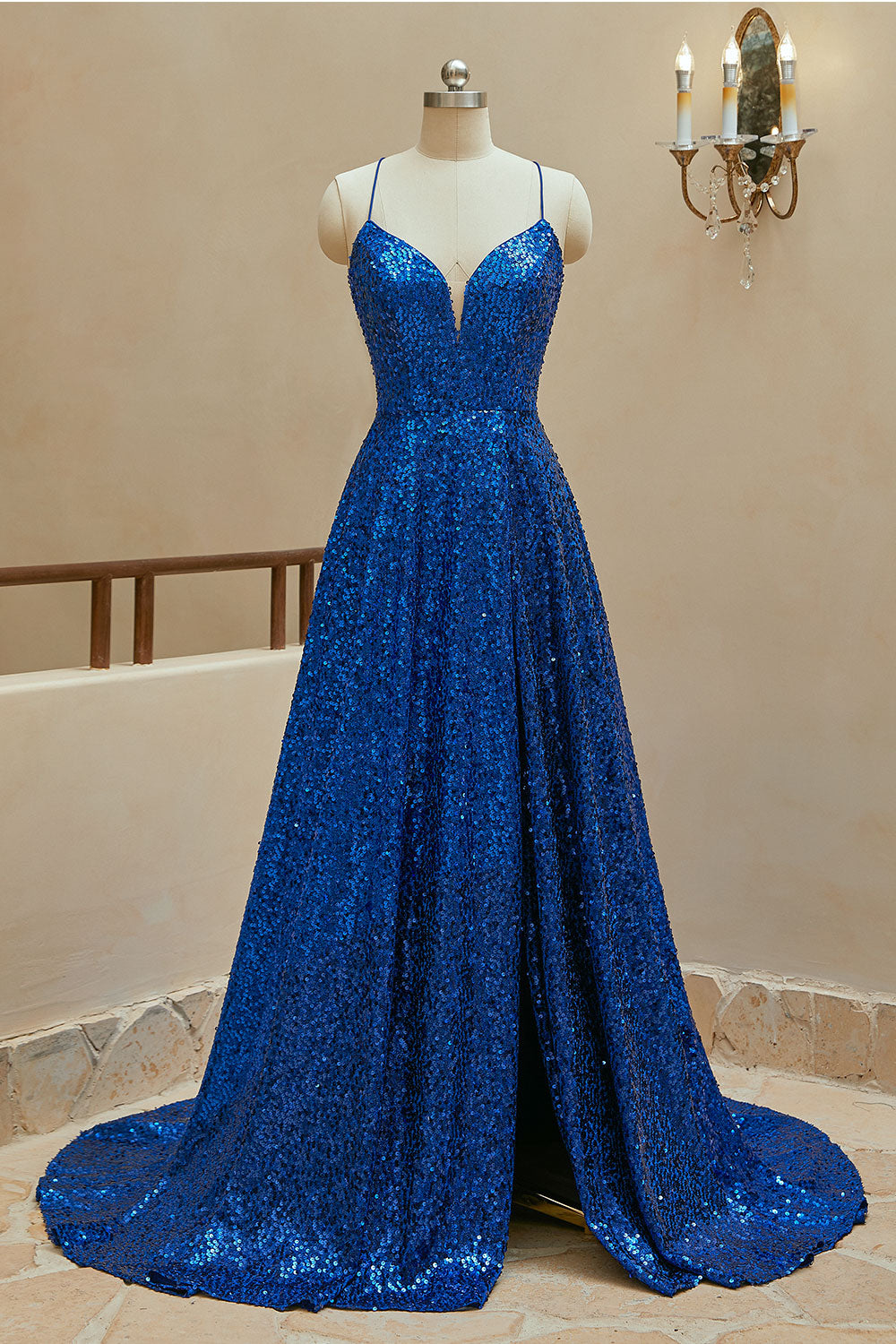 Luolandi A Line Spaghetti Straps Sequin Prom Dresses With Slit Sparkly Evening Dresses