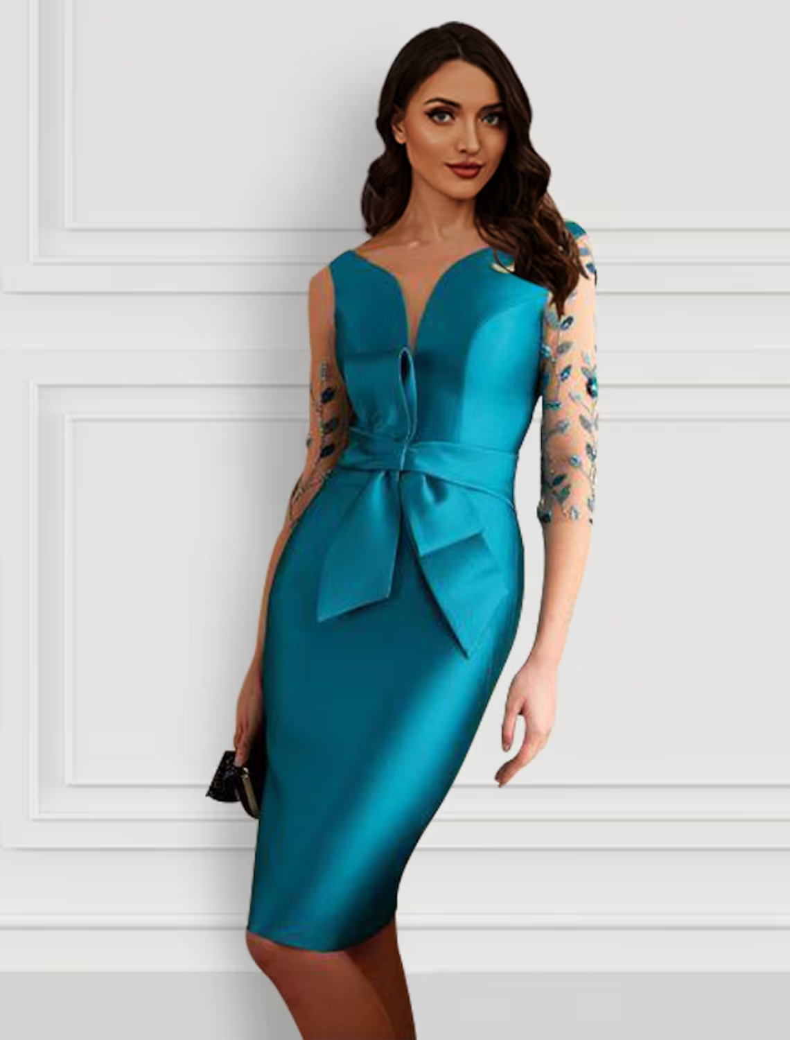 Luolandi Sheath / Column Cocktail Dresses Open Back Dress Formal Knee Length Half Sleeve Jewel Neck Satin with Bow(s) Slit