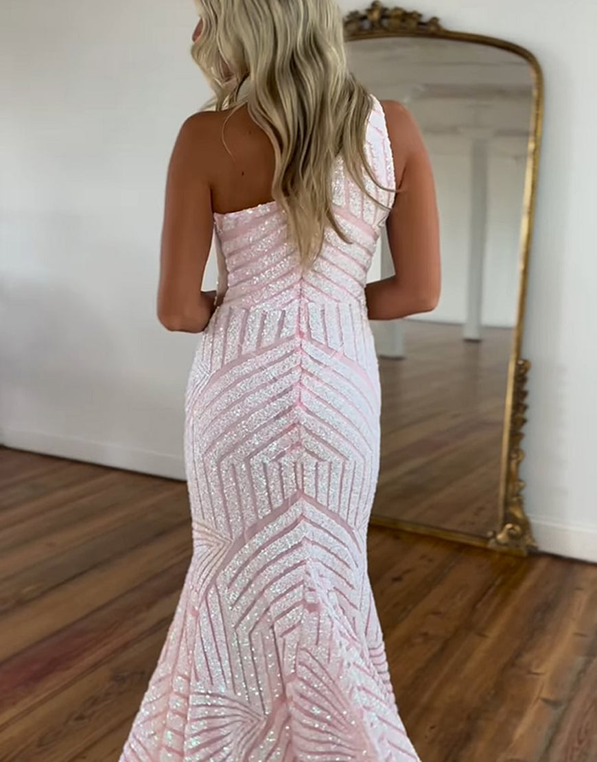 Luolandi Mermaid Sequin Dark Red One Shoulder Prom Dress Sparkly Evening Dresses