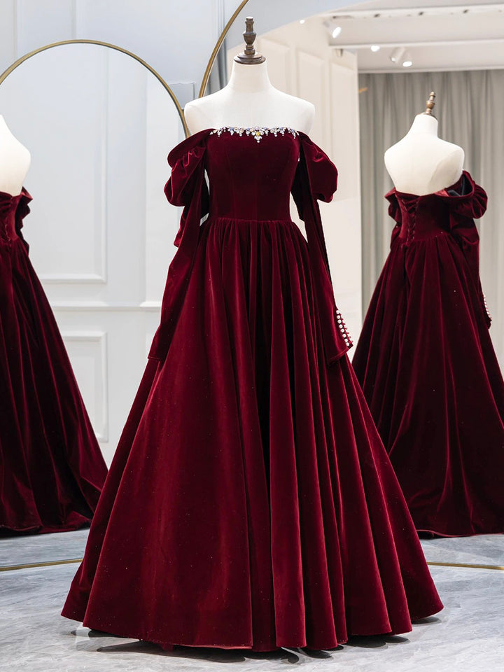 Luolandi Burgundy Velvet Long Formal Dress Elegant Long Sleeve A-Line Prom Dress Evening Dresses