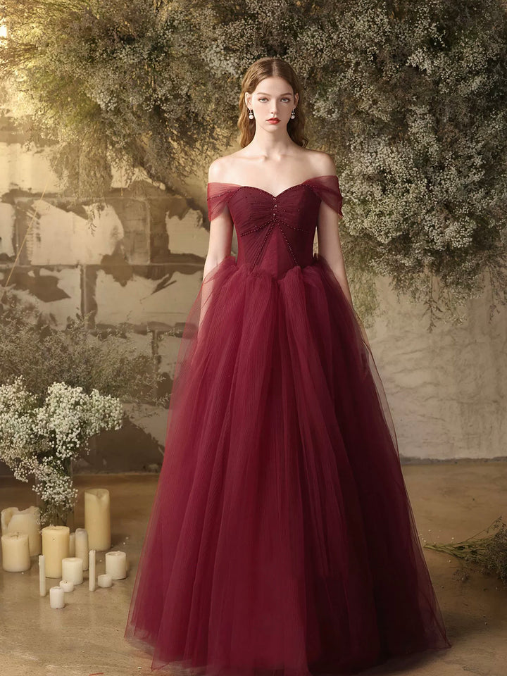 Luolandi Burgundy Tulle Long A-Line Prom Dress Off the Shoulder Evening Party Dress Sexy