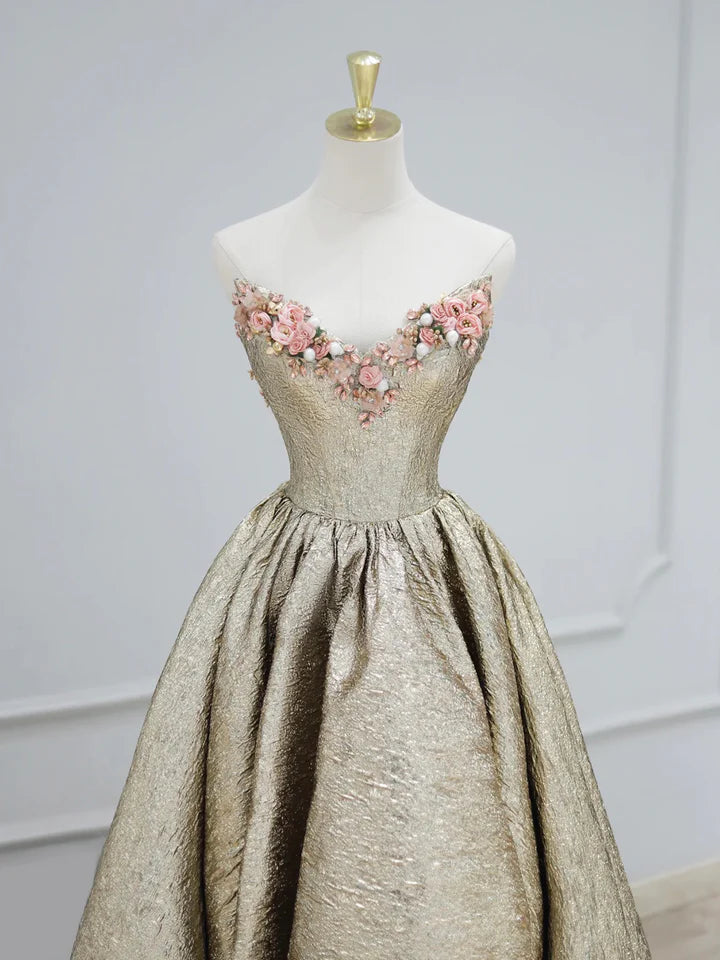 Luolandi Gold Satin V-Neck Long Prom Dress with Flowers Off the Shoulder A-Line Formal Dress With Flowers