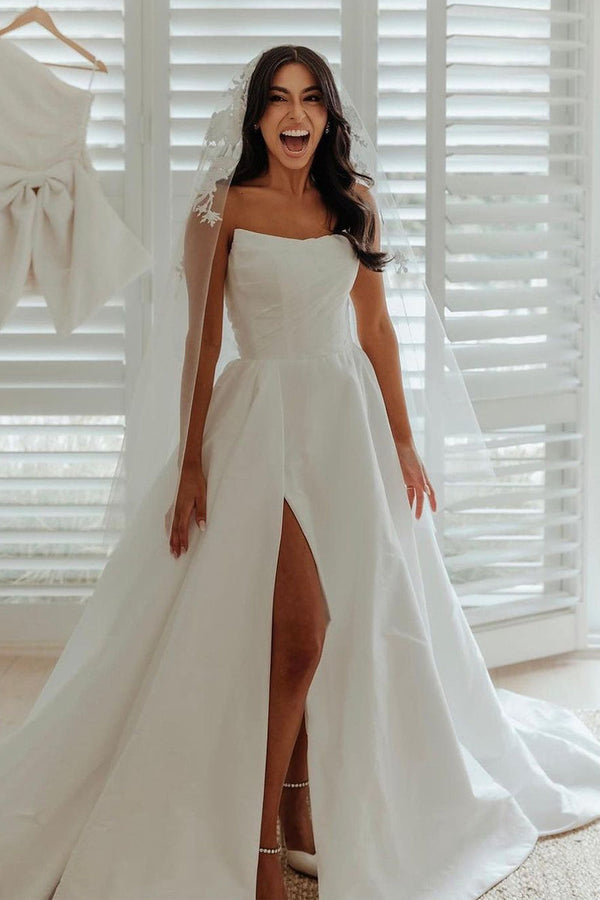 Luolandi A-Line Satin Strapless Wedding Dresses with Slit Off Shoulder Beautiful
