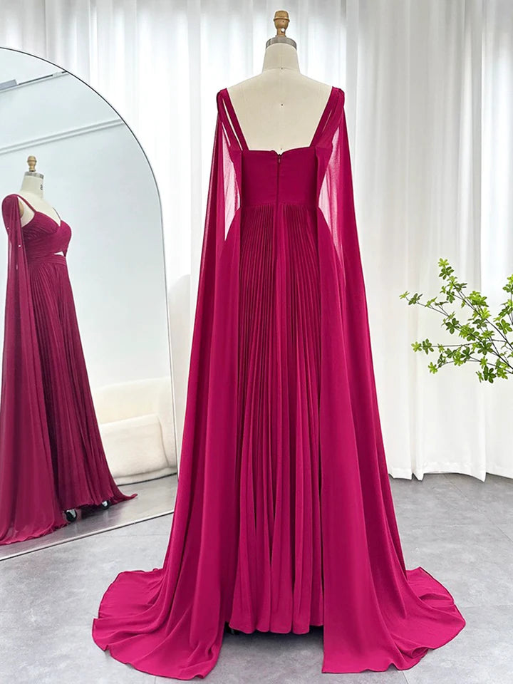 Luolandi Fuchsia Chiffon Long Evening Dresses with Cape Sleeves Elegant Spaghetti Strap V-Neck Party Formal Dresses Sexy