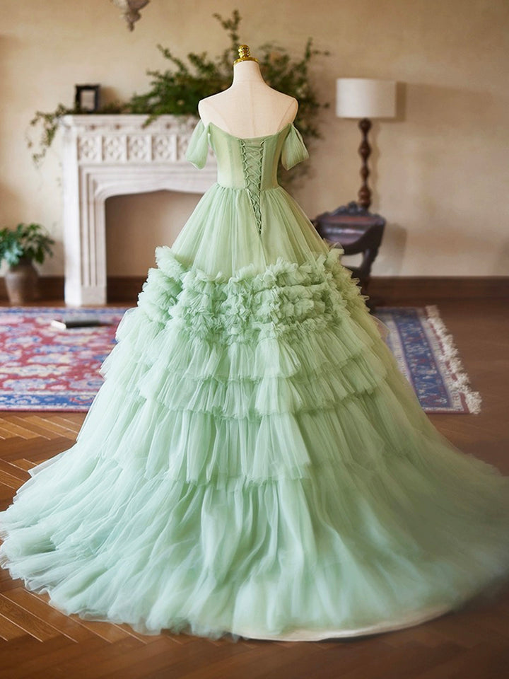 Luolandi A-Line Green Tulle Long Party Dress Off the Shoulder Formal Evening Dress Prom Dress